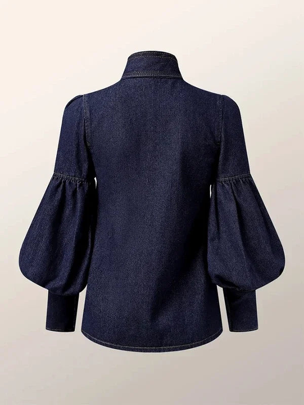 Denim Puff Sleeve High Neck Top