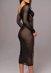 Amelisse - Off-Shoulder Two-Layer Mesh Midi Dress