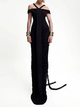 Slash Neck Pleated Braid Ribbon Long Dress