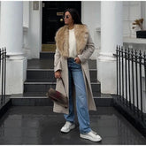 Wool Lace-Up Fur Lapel Thick Over Coat