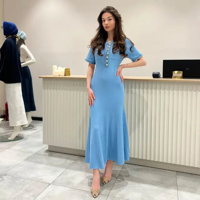 Valentina | V-Neck Pleated Knit Maxi Dress - HELLA TREND
