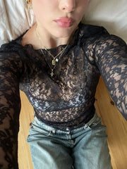 Long Sleeve See-Through Lace Crop Top for Women � Bodycon Party Wear