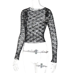 Long Sleeve See-Through Lace Crop Top for Women � Bodycon Party Wear