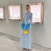 Ruffle Pleated Sleeve Blue Long Dress for Women