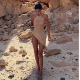 Knitted Cover Up Slit Bodycon Halter Neck Long Dress
