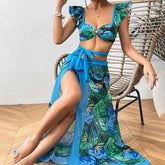 One Shoulder Ruffle Cover Up Two Piece Set blue1 / S