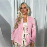 Oversized Hollow Contrast Bow Lace-Up Knitwear Cardigan