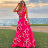 3D Flower Neck Skirt Two Piece Set pink Swimsuit and skirt / S