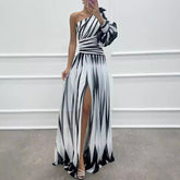 Printed Diagonal Shoulder Split Dress Casual Loose Party Dress Dress