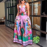 Sleeveless Printed Dress Casual Loose Vacation Lace up Dress