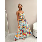 Suspender Printing Dress Loose Vacation Casual Rubber BDress