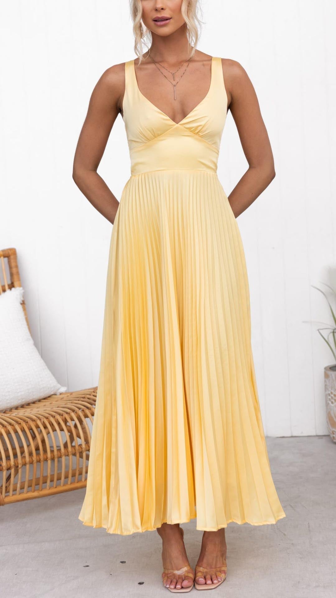 Pleated V-Neck Maxi Dress