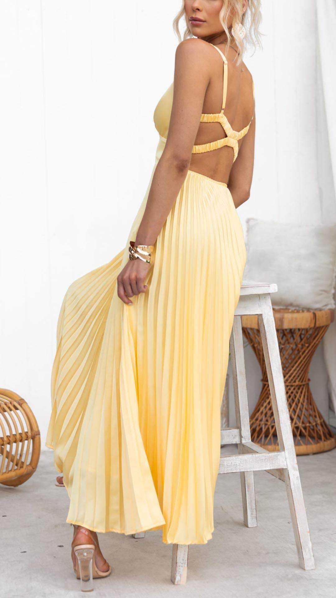 Pleated V-Neck Maxi Dress
