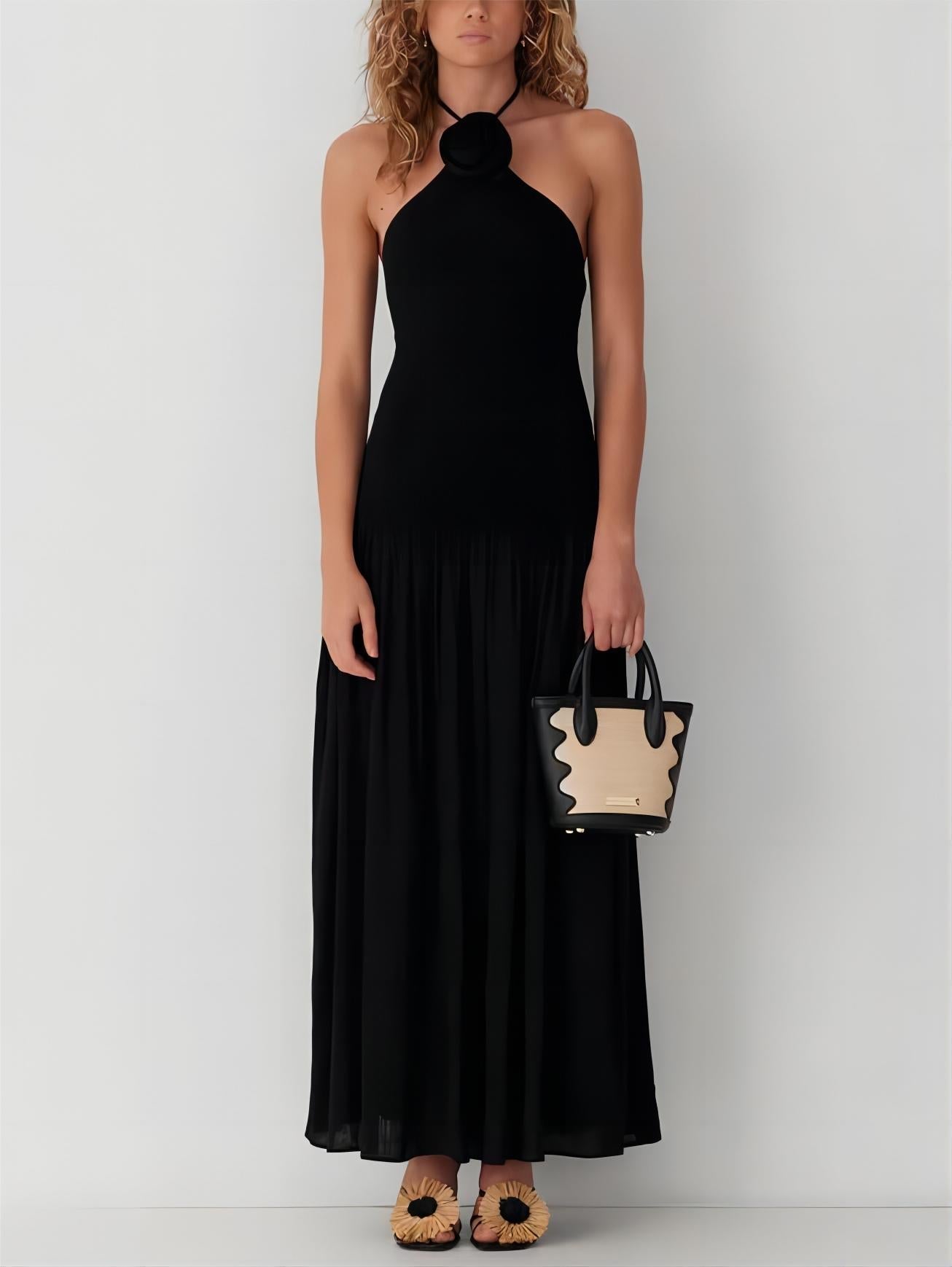 Halterneck Floral Rainbow Charming Ombre Pleated Maxi Dress