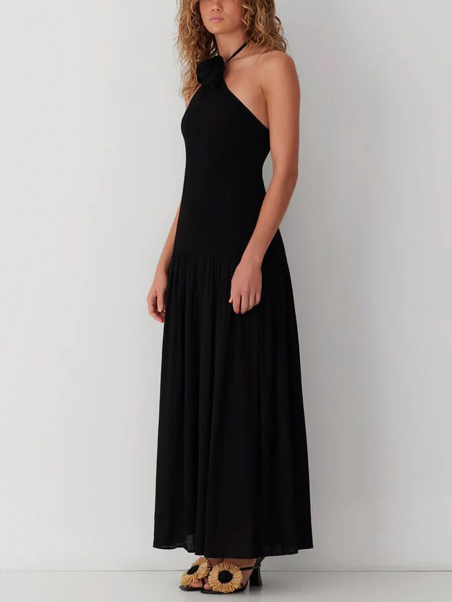 Halterneck Floral Rainbow Charming Ombre Pleated Maxi Dress
