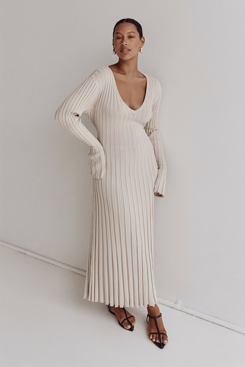 V-Neck Sleeved Knit Midi Dress - HELLA TREND