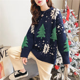 Korean Version Sweet Embroidery Versatile Long Sleeves Pullover Christmas Sweater Navy Blue / One