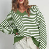 Loose Striped Plaid Casual Long Sleeve Cute Retro Chic Green Christmas Sweater Sweaters-L