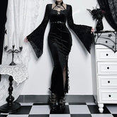 Thin Suede Separated Flared Full-Length Dress Black / S