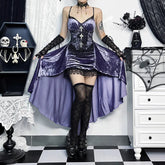 Violet Velvet Suspenders Sleek Mid-Length Dress PURPLE / S