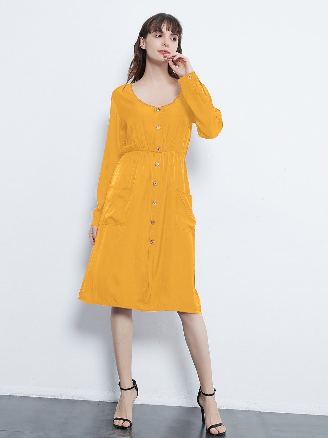 Sleeve Round Neck Button Dress With Pockets