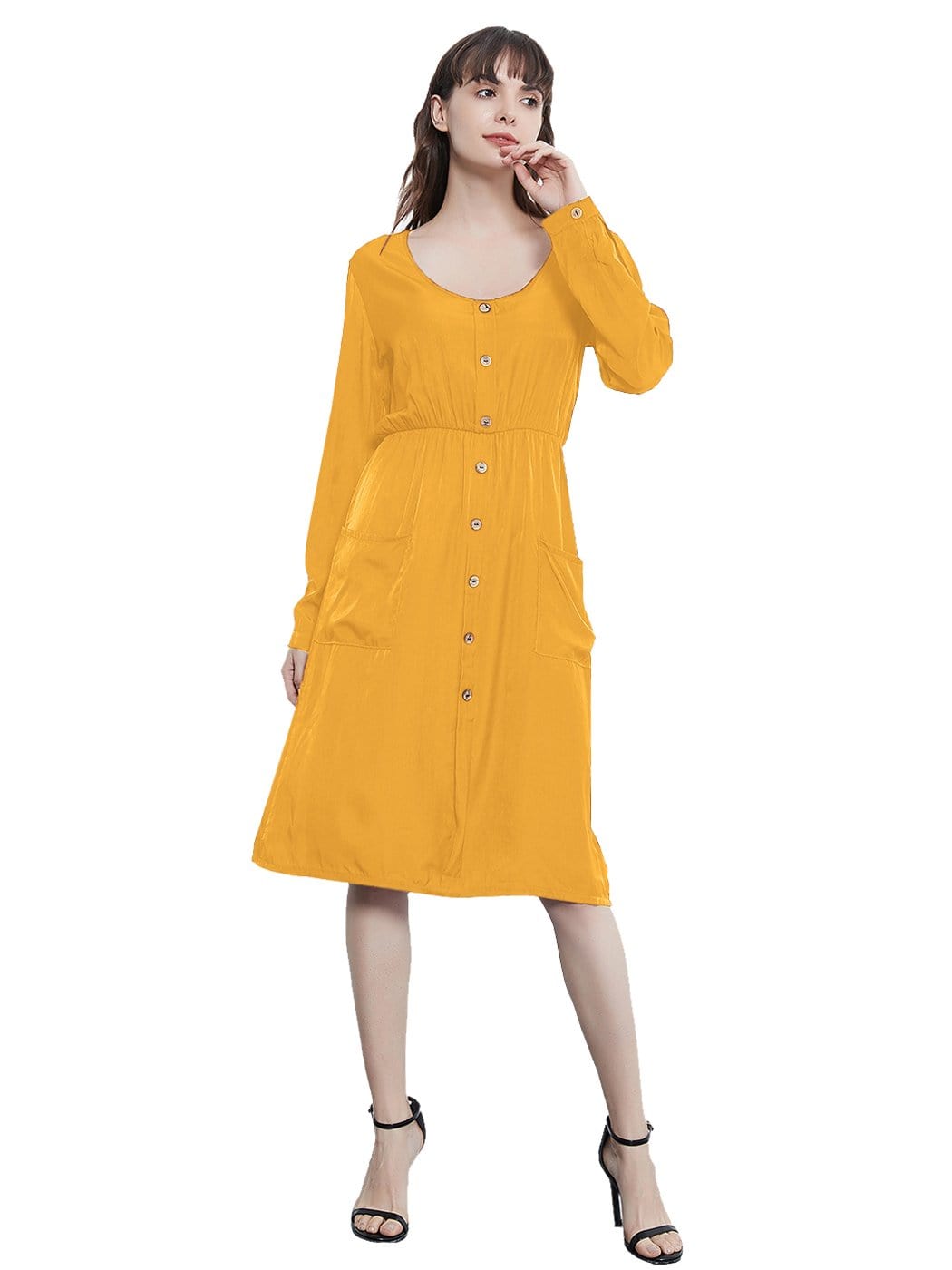 Sleeve Round Neck Button Dress With Pockets