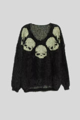 Fuzzy Skull Jacquard Relaxed Crew Neck Sweater