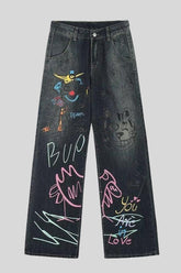 Graffiti Print Baggy Wide Leg Denim Jeans