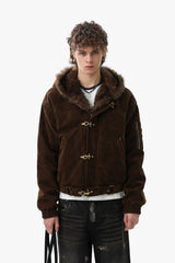 Fur Trim Suede Toggle Hooded Coat