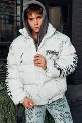 Bear Graphic Marble Print Puffer Jacket