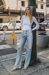 High Waist Ripped Cotton Straight Jean