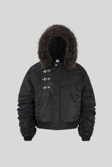 Detachable Fur Hood Ruched Sleeve Coat