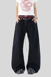 Rock Typography Stud Double Waist Jeans