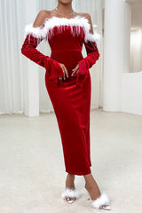 Christmas Red Fuzzy Tassel Waist-Cinched Sexy Party Dress