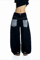 Leopard Pocket Stud Wide Leg Jeans