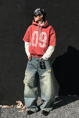 Layered Sleeve Number Graphic Hoodie