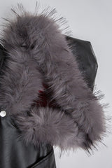 Fur Hood PU Leather Cropped Zip Coat