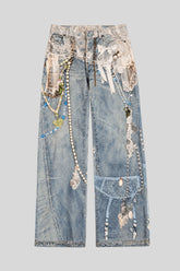 3D Lace Pearl Applique Wide Leg Jeans