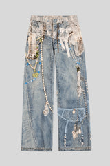 3D Lace Pearl Applique Wide Leg Jeans
