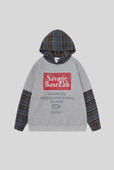 Layered Plaid Typography Pullover Hoodie