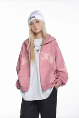 Applique Typography Suede Zip Hoodie