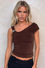 Solid Asymmetric Collar Sleeveless Tie Waist Crop Top