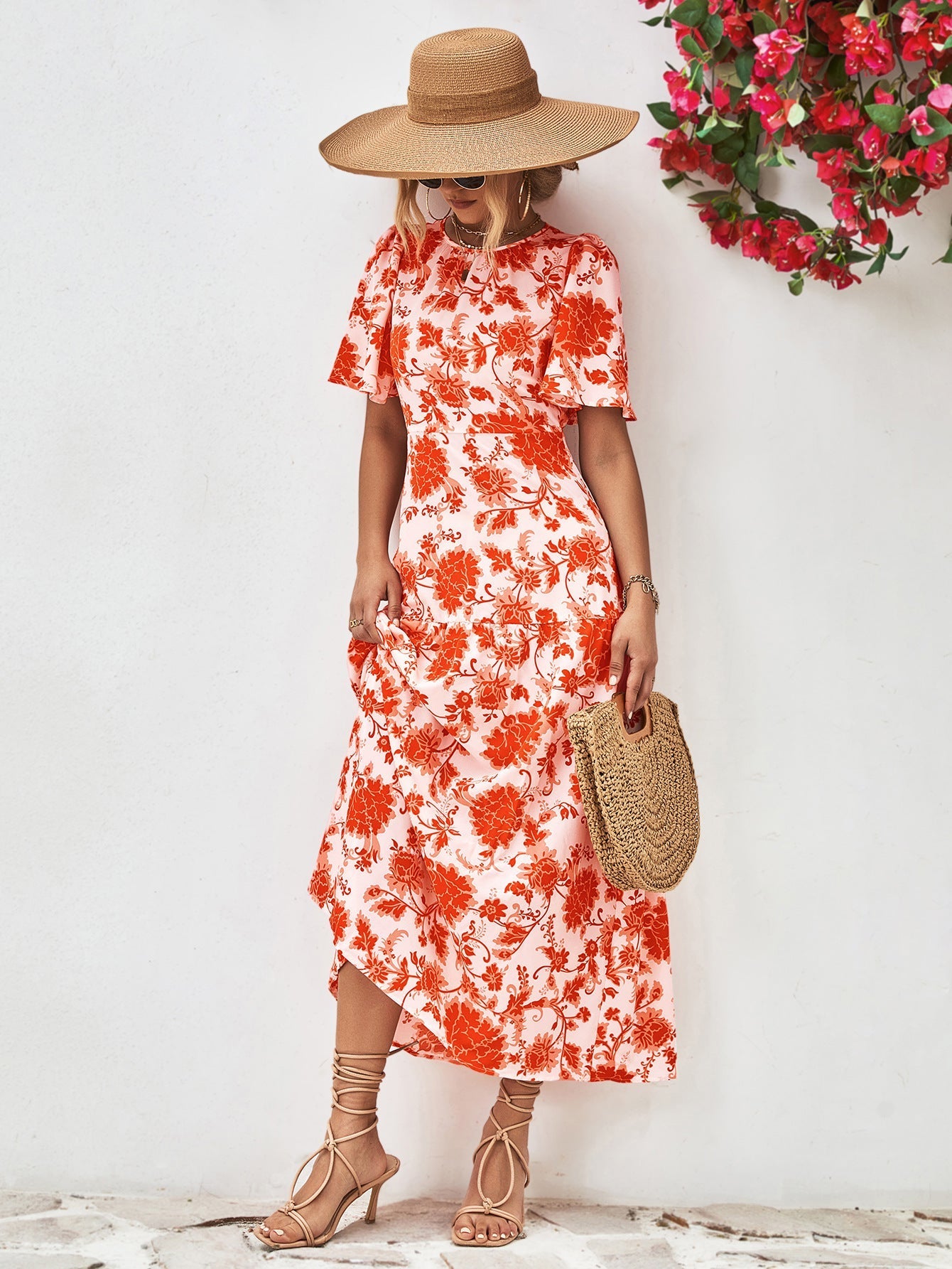 Floral Neck Tied Open Back Dress
