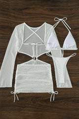 Mesh Hollow Out Drawstring Tie Three Piece Swim Set