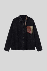 Leather Strap Patchwork Denim Long Sleeve Shirt