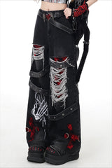 Gothic Ripped Strap Embellished Barrel Leg Jeans