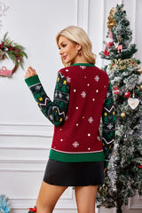 Christmas Color Block Dinosaur Print Casual Sweater