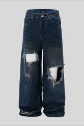 Heavy Distressed Ripped Wide Leg Jeans