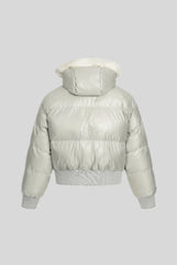 Fur Hood Newspaper Patch Cropped Puffer Jacket