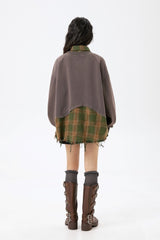 Distressed Plaid Layered Polo Collar Oversized Sweatshirt